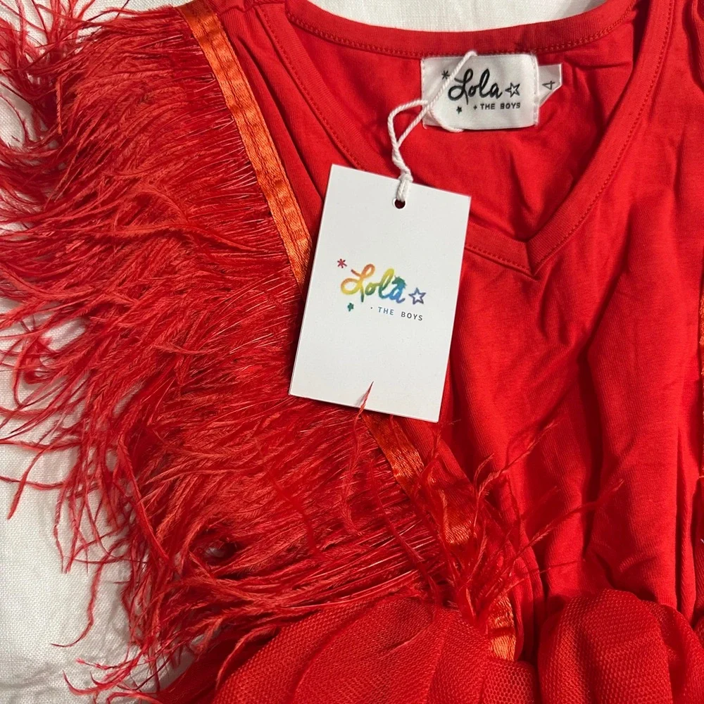 Elegant Red Feathered Kids Dress - Picture 3 of 4
